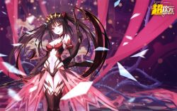 Rule 34 | 1girl, 300 heroes, alternate costume, antique firearm, black dress, black hair, breasts, cleavage, clock eyes, date a live, dress, elbow gloves, firearm, gloves, gun, heterochromia, long hair, medium breasts, navel, official art, open mouth, red eyes, smile, solo, symbol-shaped pupils, third-party source, tokisaki kurumi, twintails, weapon, yellow eyes