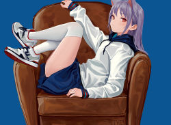 Rule 34 | 1girl, animal ears, arm up, artist name, blue background, blue skirt, cat ears, couch, drawstring, feiqizi (fkey), fkey, full body, hood, hoodie, knees up, long hair, long sleeves, looking at viewer, miniskirt, original, red eyes, shoes, sidelocks, signature, silver hair, simple background, sitting, skirt, sneakers, solo, thighhighs, thighs, white footwear, white hoodie, white thighhighs