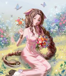 Rule 34 | 1girl, aerith gainsborough, bangle, bare shoulders, blue butterfly, boots, bouquet, bracelet, braid, braided ponytail, breasts, brown footwear, brown hair, bug, butterfly, choker, cleavage, dress, final fantasy, final fantasy vii, final fantasy vii remake, flower, flower choker, foot out of frame, garden, grass, green eyes, hair ribbon, highres, holding, holding bouquet, holding flower, insect, jewelry, kneeling, long dress, long hair, looking at viewer, medium breasts, nature, outdoors, parted bangs, pink dress, pink ribbon, ribbon, sidelocks, smile, solo, sundress, wavy hair, yubuki i