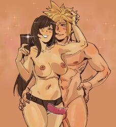 1boy 1girl arm_around_waist black_hair blonde_hair breasts camera_flash cellphone cloud_strife completely_nude dildo final_fantasy final_fantasy_vii final_fantasy_vii_remake hand_on_own_hip highres imminent_pegging muscular muscular_male nipples nude phone scar scar_on_chest selfie sex_toy smartphone spiked_hair strap-on strawderryst tifa_lockhart