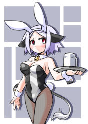 Rule 34 | 1girl, animal ears, bell, cow ears, cow girl, cow tail, cowbell, detached collar, fake animal ears, kugelschreiber, leotard, original, pantyhose, playboy bunny, rabbit ears, rabbit tail, red eyes, short hair, simple background, solo, striped, striped background, tail, white hair, wrist cuffs