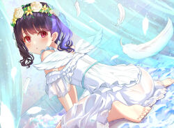 Rule 34 | 1girl, bare shoulders, barefoot, black hair, bow, curtains, dress, fake wings, falling feathers, feathers, feet, flower, frilled dress, frills, from behind, fukumaru koito, hair bow, hair ornament, head wreath, highres, idolmaster, idolmaster shiny colors, looking at viewer, looking back, open mouth, parted lips, purple eyes, rose, see-through, sitting, sky cappuccino, soles, solo, toes, twintails, wariza, white dress, white flower, white rose, wings, x