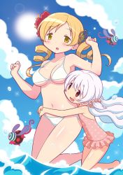 Rule 34 | 10s, 2girls, bikini, blonde hair, breasts, cloud, day, drill hair, flower, gecchu, hair flower, hair ornament, highres, hug, large breasts, long hair, mahou shoujo madoka magica, mahou shoujo madoka magica: hangyaku no monogatari, momoe nagisa, multicolored eyes, multiple girls, navel, one-piece swimsuit, open mouth, outdoors, pyotr (madoka magica), red eyes, ringed eyes, short hair, sky, smile, sun, swimsuit, tomoe mami, twin drills, twintails, two side up, wading, water, white hair, yellow eyes