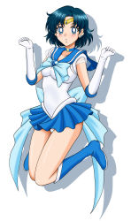 Rule 34 | 1girl, absurdres, back bow, bishoujo senshi sailor moon, black hair, blue choker, blue eyes, blue footwear, blush, boots, bow, breasts, brooch, choker, circlet, collarbone, earrings, elbow gloves, eyebrows, gloves, heart, heart brooch, heart choker, highres, inner senshi, jewelry, jumping, leotard, miniskirt, mizuno ami, parted bangs, pleated skirt, sailor collar, sailor mercury, sailor senshi, sailor senshi uniform, shadow, short hair, simple background, skirt, small breasts, solo, soukichi, star (symbol), star choker, super sailor mercury, white background, white gloves, white leotard