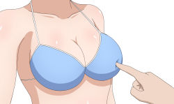 Rule 34 | 1boy, 1girl, absurdres, bikini, blue bikini, breasts, cleavage, collarbone, hand on breast, head out of frame, highres, large breasts, poa mellhen, poking, standing, swimsuit, upper body, white background
