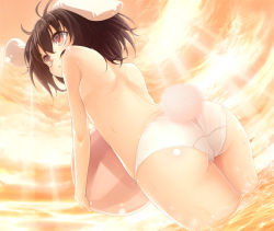 Rule 34 | 1girl, :&lt;, animal ears, ass, ball, beachball, brown hair, buriki, female focus, flat chest, from below, holding, inaba tewi, light rays, panties, partially submerged, rabbit ears, rabbit girl, rabbit tail, red eyes, solo, standing, sunbeam, sunlight, tail, topless, touhou, underwear, wading, water, white panties