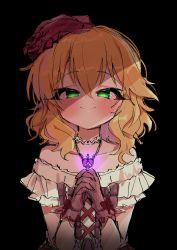 Rule 34 | 1girl, absurdres, adachi (nogami nono), black background, blonde hair, blush, collarbone, cross-laced clothes, dark background, dress, fishnet gloves, fishnets, gloves, glowing jewelry, green eyes, highres, idolmaster, idolmaster cinderella girls, jewelry, looking at viewer, necklace, off-shoulder dress, off shoulder, own hands together, red headwear, sakurai momoka, shaded face, simple background, smile, solo, upper body, wavy hair