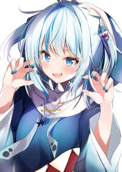 Rule 34 | 1girl, :d, absurdres, ahoge, animal hood, blue eyes, blue hair, blue hoodie, blue nails, blush, claw pose, commentary request, drawstring, gawr gura, gawr gura (1st costume), hair intakes, hair ornament, hands up, heart, highres, hololive, hololive english, hood, hood up, hoodie, long sleeves, looking at viewer, nail polish, nenobi (nenorium), open mouth, shark hood, sharp teeth, simple background, smile, solo, teeth, two side up, upper body, virtual youtuber, white background, wide sleeves