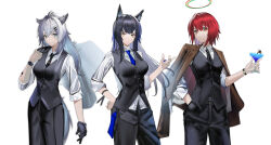 Rule 34 | 3girls, absurdres, adapted costume, alternate costume, animal ear fluff, animal ears, aqua eyes, arknights, black gloves, black hair, black jacket, black necktie, black pants, black vest, blue necktie, breasts, brown jacket, closed mouth, collared shirt, cowboy shot, eugle na, exusiai (arknights), formal, gloves, grey hair, halo, hand in pocket, hand up, highres, jacket, jacket on shoulders, jacket over shoulder, lappland (arknights), large breasts, long hair, long sleeves, looking at viewer, material growth, multiple girls, necktie, open clothes, open jacket, orange eyes, oripathy lesion (arknights), pants, parted lips, red hair, scar, scar on face, shirt, short hair, simple background, smile, suit, tail, texas (arknights), texas the omertosa (arknights), the emperor (arknights), unworn jacket, very long hair, vest, watch, white background, white shirt, wolf ears, wolf girl, wolf tail, wristwatch, yellow eyes