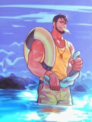 Rule 34 | 1boy, absurdres, alternate costume, baimeme, bara, beach, beard, bird, black hair, dungeon and fighter, facial hair, food, food in mouth, highres, holding, holding swim ring, holding towel, ice cream, innertube, large pectorals, lifeguard, looking at viewer, male focus, male priest (dungeon and fighter), mature male, muscular, muscular male, pectoral cleavage, pectorals, shirt, short hair, sleeveless, sleeveless shirt, smile, solo, swim ring, tank top, thick eyebrows, towel, wading, whistle, whistle around neck, yellow tank top
