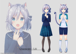 Rule 34 | 1girl, :d, animal ear fluff, animal ears, azu torako, black footwear, blazer, blue bow, blue eyes, blue jacket, blue shorts, blue skirt, blush, bow, brown socks, cat ears, cat girl, cat tail, character name, closed mouth, collared shirt, grey background, hair between eyes, hair bow, jacket, kneehighs, loafers, long sleeves, looking at viewer, multiple views, official art, open mouth, original, pantyhose, plaid, plaid bow, plaid skirt, pleated skirt, school uniform, shirt, shoes, short hair, short sleeves, shorts, silver hair, simple background, skirt, sleeves past wrists, smile, socks, tail, tail bow, tail ornament, tail raised, watermark, white footwear, white shirt, white socks