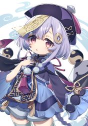 Rule 34 | 1girl, blue dress, blush, brown eyes, commentary request, dress, genshin impact, hair between eyes, hair ornament, hand up, hat, highres, jacket, long sleeves, looking at viewer, ofuda, parted lips, purple hair, purple hat, purple jacket, qingdai guanmao, qiqi (genshin impact), short shorts, shorts, sleeves past fingers, sleeves past wrists, solo, thighhighs, wagashi928, white shorts, white thighhighs, wide sleeves, yin yang