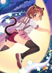 1girl animal_ears ass black_thighhighs brown_hair building cat_ears cat_tail city from_behind full_moon koutaro moon night night_sky on_crescent original panties pink_sailor_collar pink_skirt red_eyes red_panties sailor_collar school_uniform serafuku shoes short_hair short_sleeves skirt sky skyscraper solo star_(sky) starry_sky tail thighhighs thighs underwear uwabaki white_shoes