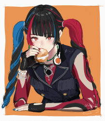 Rule 34 | 1girl, black gloves, black hair, blue hair, border, cream puff, cropped torso, denim, denim jacket, diagonal bangs, drill hair, eating, fingerless gloves, food, gloves, harusaruhi, highres, holding, holding food, isshiki (ffmania7), jacket, jewelry, kamitsubaki studio, long hair, long sleeves, looking at viewer, multicolored hair, multicolored shirt, necklace, orange background, red eyes, red hair, signature, simple background, sleeveless, sleeveless jacket, solo, twin drills, twintails, upper body, virtual youtuber, white border