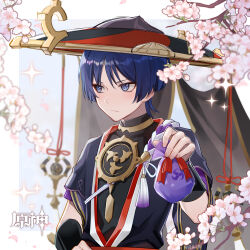 Rule 34 | 1boy, armor, bag, bananakeki, blue eyes, blue hair, blush, cherry blossoms, clothing request, flower, genshin impact, hat, highres, holding, holding bag, japanese armor, japanese clothes, kote, kurokote, looking to the side, male focus, official style, petals, scaramouche (genshin impact), simple background, solo, sparkle, tsundere, upper body, white background
