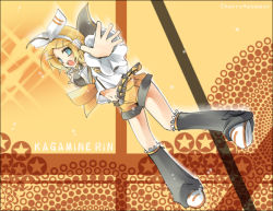 Rule 34 | 1girl, :d, adapted costume, animal print, arm warmers, belt, blonde hair, blouse, blue eyes, bow, buckle, frills, full body, hair bow, hair ornament, hairclip, headphones, kagamine rin, kagamine rin (if), leg warmers, microphone, navel, open mouth, outstretched arms, rabbit print, ribbon, sailor collar, shirt, short hair, shorts, sleeveless, smile, solo, spread arms, spread fingers, star (symbol), stomach, swept bangs, vocaloid, white bow, white shirt, yellow ribbon, yellow shorts, yellow theme, yukian, zipper