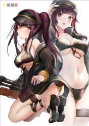 Rule 34 | 1girl, ass, bikini, black bikini, black footwear, black headwear, black jacket, blunt bangs, blush, breasts, bullpup, closed mouth, color guide, front-tie bikini top, front-tie top, girls&#039; frontline, groin, gun, highleg, highleg bikini, himonoata, jacket, large breasts, long hair, long sleeves, multiple views, navel, open clothes, open jacket, open mouth, ponytail, pouch, purple eyes, red eyes, red ribbon, ribbon, rifle, sandals, sidelocks, simple background, sniper rifle, stomach, swimsuit, thigh pouch, thigh strap, underboob, very long hair, visor cap, wa2000 (girls&#039; frontline), walther, walther wa 2000, weapon, white background