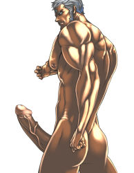 Rule 34 | 1boy, ass, bad anatomy, bara, character request, huge penis, male focus, muscular, muscular male, nipples, nude, penis, rabbit (pixiv744412), simple background, solo, source request, street fighter, tagme, urien, white background