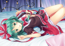 Rule 34 | 1girl, :o, arm ribbon, bad id, bad pixiv id, bare legs, bed, bow, breasts, contemporary, covered erect nipples, female focus, frills, front ponytail, green eyes, green hair, hair bow, indoors, kagiyama hina, long hair, looking at viewer, lying, matching hair/eyes, medium breasts, on back, on bed, open mouth, pillow, rasahan, ribbon, skirt, solo, touhou