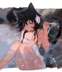 Rule 34 | 1girl, animal ears, arutera, bathing, black hair, blue eyes, blush, braid, breasts, bright pupils, cat ears, cat girl, cat tail, closed mouth, collarbone, covering privates, cowlick, flower, hair between eyes, hair flower, hair ornament, hand up, highres, looking at viewer, looking away, naked towel, nude cover, onsen, original, outdoors, partially submerged, petals, purple eyes, ribbon, short hair, short hair with long locks, side braid, sitting, small breasts, snowing, solo, steam, tail, towel, tsurime, wet, white pupils