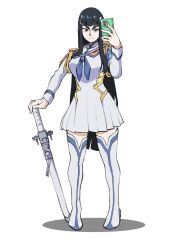 1girl black_hair blue_eyes breasts cellphone full_body highres holding holding_weapon junketsu katana kill_la_kill kiryuuin_satsuki large_breasts long_hair military military_uniform moistman phone selfie serious sword thighhighs weapon white_background