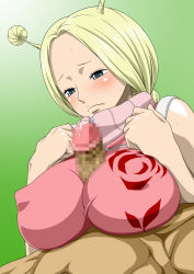 Rule 34 | 1boy, 1girl, antenna hair, blonde hair, blue eyes, blush, braid, breasts, censored, clothed female nude male, conis (one piece), erection, hetero, highres, nel-zel formula, nude, one piece, paizuri, paizuri over clothes, penis, precum, sweat, twin braids