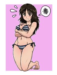 Rule 34 | 1girl, barefoot, bikini, black bikini, black eyes, black hair, blush, breast hold, breasts, closed mouth, commentary, crossed arms, embarrassed, flying sweatdrops, frown, full body, girls und panzer, groin, kneeling, long hair, looking at viewer, medium breasts, murakami (girls und panzer), navel, outline, purple background, side-tie bikini bottom, solo, spoken squiggle, squiggle, string bikini, striped bikini, striped clothes, swimsuit, takahashi kurage, white outline