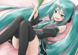 Rule 34 | 1girl, aqua eyes, aqua hair, blush, detached sleeves, hatsune miku, long hair, lying, necktie, on back, open mouth, skirt, solo, spring onion, thighhighs, twintails, very long hair, vocaloid, wamu (chartreuse)