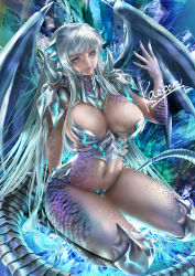 Rule 34 | 1girl, armor, bikini armor, blue-eyes white dragon, breasts, closed mouth, commission, dragon girl, dragon tail, dragon wings, fingernails, grey eyes, kaopon, kisara (yu-gi-oh!), large breasts, long hair, looking at viewer, navel, personification, scales, sharp fingernails, shoulder pads, silver hair, skeb commission, smile, solo, tail, very long hair, wings, yu-gi-oh!