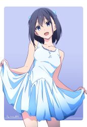 Rule 34 | 1girl, :d, bare arms, bare shoulders, black hair, blue background, blue eyes, border, breasts, commentary request, contrapposto, dated, dress, hair between eyes, head tilt, highres, looking at viewer, medium breasts, monai-chan (nii manabu), nii manabu, open mouth, original, outside border, short hair, signature, sleeveless, sleeveless dress, smile, solo, sundress, white border, white dress