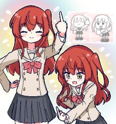 Rule 34 | bocchi the rock!, bow, brown jacket, buttons, chibikki, clenched hand, double-breasted, green eyes, hair between eyes, hand on own hip, hand up, jacket, kita ikuyo, long hair, middle finger, oekaki, one side up, pleated skirt, red bow, red hair, school uniform, side ponytail, skirt, smile