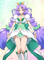 Rule 34 | 1girl, boots, center opening, dress, earrings, go! princess precure, jewelry, joy ride, long hair, magical girl, nanase yui, navel, precure, puffy sleeves, purple hair, solo, twintails, alternate universe
