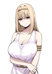 Rule 34 | 1girl, blonde hair, breasts, dress, hairband, hand on own arm, highres, large breasts, long hair, looking at viewer, shingeki no kyojin, sky-freedom, sleeveless, sleeveless dress, solo, upper body, white background, white dress, ymir fritz