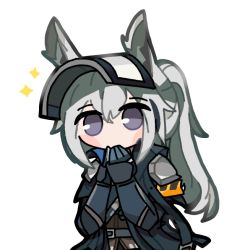 Rule 34 | 1girl, animal ears, arknights, armband, armor, banbon, blue gloves, brown shirt, covering own mouth, gloves, grani (arknights), grey hair, horse ears, jacket, long hair, looking at viewer, purple eyes, shirt, shoulder armor, simple background, solo, sparkle, upper body, visor cap, white background