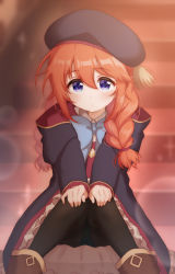 Rule 34 | 1girl, absurdres, black coat, black hat, black pantyhose, blue bow, blue eyes, blurry, blurry background, blush, bow, bowtie, braid, brown footwear, closed mouth, coat, collared shirt, commentary request, feet out of frame, frills, hair between eyes, hands on own knees, hat, highres, hokutoro64, hood, hood down, hooded coat, long hair, long sleeves, looking at viewer, orange hair, panties, panties under pantyhose, pantyhose, princess connect!, shirt, solo, stairs, twin braids, underwear, white shirt, yuni (princess connect!)
