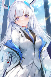 Rule 34 | 1girl, blue archive, blue necktie, blush, collared shirt, commentary, grey hair, halo, highres, jacket, long hair, long sleeves, looking at viewer, mechanical halo, necktie, noa (blue archive), open mouth, pleated skirt, purple eyes, shirt, skirt, solo, two-sided fabric, two-sided jacket, upper body, uu-tan (hushigi10), white jacket, white shirt, white skirt
