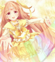 Rule 34 | 10s, 1girl, :d, bow, brooch, bubble skirt, choker, circlet, cure muse, cure muse (yellow), dress, earrings, frills, hair ribbon, heart, instrument, jewelry, keyboard (instrument), long hair, magical girl, mizuki (1925 mio), open mouth, orange hair, precure, rainbow order, ribbon, shirabe ako, skirt, smile, solo, suite precure, yellow bow, yellow dress, yellow skirt