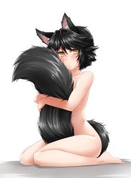 Rule 34 | 1girl, animal ears, barefoot, between legs, black hair, blush, fox ears, fox tail, hugging own tail, hugging tail, long tail, looking at viewer, nude, short hair, simple background, sitting, solo, tail, tail between legs, thighs, twrlare, wariza, white background, yellow eyes