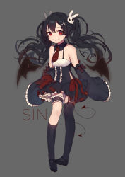 Rule 34 | 1girl, asymmetrical legwear, bare shoulders, black hair, collarbone, demon wings, detached collar, detached sleeves, dress, fang, frills, full body, grey background, hair ornament, hairclip, highres, long hair, looking at viewer, miebao, necktie, original, red eyes, simple background, single thighhigh, slit pupils, smile, solo, thigh strap, thighhighs, twintails, uneven legwear, wings