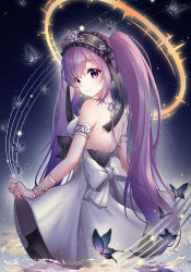 Rule 34 | 1girl, armlet, backless dress, backless outfit, black ribbon, bracelet, bug, butterfly, dress, euryale (fate), euryale (third ascension) (fate), fate/grand order, fate/hollow ataraxia, fate (series), floating hair, flower, from behind, hair flower, hair ornament, hair ribbon, hairband, halterneck, insect, jewelry, lolita hairband, long hair, looking at viewer, looking back, paya (aejx2345), purple eyes, purple hair, ribbon, ring, rose, skirt hold, sleeveless, sleeveless dress, smile, solo, standing, twintails, very long hair, wading, water, white dress, white flower, white ribbon, white rose