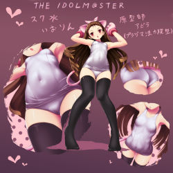 Rule 34 | 1girl, animal ears, animal hands, ass, black thighhighs, brown hair, cat ears, cat paws, cat tail, idolmaster, idolmaster (classic), imazon, legs, long hair, minase iori, navel, one-piece swimsuit, open mouth, red eyes, solo, swimsuit, tail, thighhighs, translation request