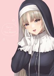 Rule 34 | 1girl, absurdres, bow, breasts, brown eyes, english text, gloves, habit, hand to own mouth, hand up, herio, highres, large breasts, light brown hair, long hair, looking at viewer, nijisanji, nun, open mouth, pink background, simple background, sister claire, sister claire (1st costume), solo, speech bubble, traditional nun, upper body, virtual youtuber, whispering, white gloves, zipper