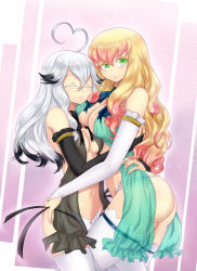 Rule 34 | 2girls, ahoge, arc system works, ass, ass grab, bare shoulders, black hair, blazblue, blonde hair, breast press, breasts, bridal gauntlets, closed eyes, company connection, curly hair, gradient hair, green eyes, hug, large breasts, long hair, looking at viewer, multicolored hair, multiple girls, no bra, nobody (xblaze), panties, pink hair, see-through, shiny skin, silver hair, thighhighs, toscabear, trait connection, trinity glassfield, underwear, xblaze, xblaze: lost memories, xblaze code: embryo
