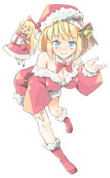 Rule 34 | 1girl, alice margatroid, armpit peek, arnest, bell, bent over, blue eyes, breasts, christmas, cleavage, doll, full body, hat, highres, large breasts, legs, looking at viewer, santa costume, santa hat, shanghai doll, smile, solo, touhou