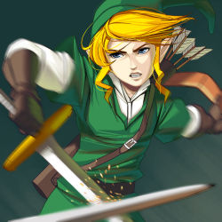 Rule 34 | 1boy, bad id, bad pixiv id, blonde hair, blue eyes, fight, gloves, green background, green hat, green theme, hat, holding, holding sword, holding weapon, kouno (masao), layered sleeves, link, long sleeves, male focus, motion blur, nintendo, pointy ears, pov, short over long sleeves, short sleeves, simple background, solo, sword, the legend of zelda, weapon