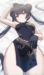 Rule 34 | 1girl, absurdres, arm up, bed, black gloves, black hair, blue archive, blush, breasts, butterfly hair ornament, china dress, chinese clothes, closed mouth, covered navel, double bun, dragon print, dress, gloves, grey eyes, hair bun, hair ornament, halo, hand on own stomach, highres, kano (wi3028), kisaki (blue archive), long hair, looking at viewer, lying, on back, sleeveless, sleeveless dress, small breasts, solo, twintails