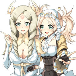 Rule 34 | 2girls, :d, blonde hair, breasts, bridal gauntlets, cleavage, dress, drill hair, echizen (hvcv), emmeryn (fire emblem), facial mark, fingerless gloves, fire emblem, fire emblem awakening, forehead mark, gloves, green eyes, headpiece, index finger raised, large breasts, lissa (fire emblem), long hair, multiple girls, nintendo, open mouth, siblings, simple background, sisters, smile, twintails, v, white background