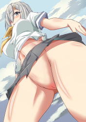 Rule 34 | 10s, 1girl, blue eyes, blush, breasts, covered erect nipples, female focus, from below, hair ornament, hair over one eye, hairclip, hamakaze (kancolle), kantai collection, large breasts, midriff, miniskirt, mushin, navel, no bra, no panties, outdoors, perky breasts, pussy, see-through, shiny skin, shirt, short hair, silver hair, skirt, sky, solo, standing, thick thighs, thighs, uncensored, upskirt