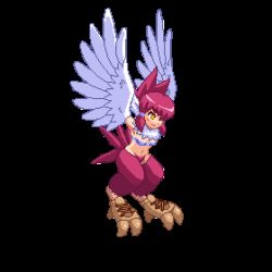 Rule 34 | animated, animated gif, blinking, fanatail, feathers, flying, harpy, lowres, monster girl, red hair, simple background, solo, talons, wings, yellow eyes