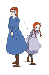 Rule 34 | 2girls, age difference, age progression, anne of green gables, anne shirley, arms behind back, blue dress, blue eyes, boots, bow, braid, collar, dress, freckles, hair ornament, hairband, looking at viewer, multiple girls, omosiro, petals, red hair, simple background, smile, standing, thighhighs, white background, world masterpiece theater